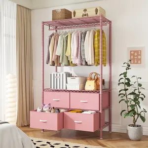 Raybee Furniture Clothing Rack with 4 Large Fabric Drawers, Heavy Duty Clothes Racks for Hanging Clothes Rack Adjustable Portable Closet Wardrobe Metal Wire Garment Rack with Shelves, Pink, Black
