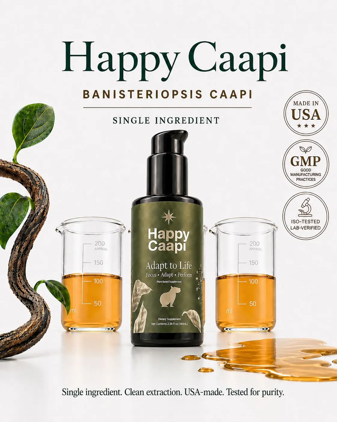 Happy Caapi Banisteriopsis Caapi Vine Extract Liquid | 20:1 Full Vine Extract | Vegan | Non-GMO | Third-Party Tested