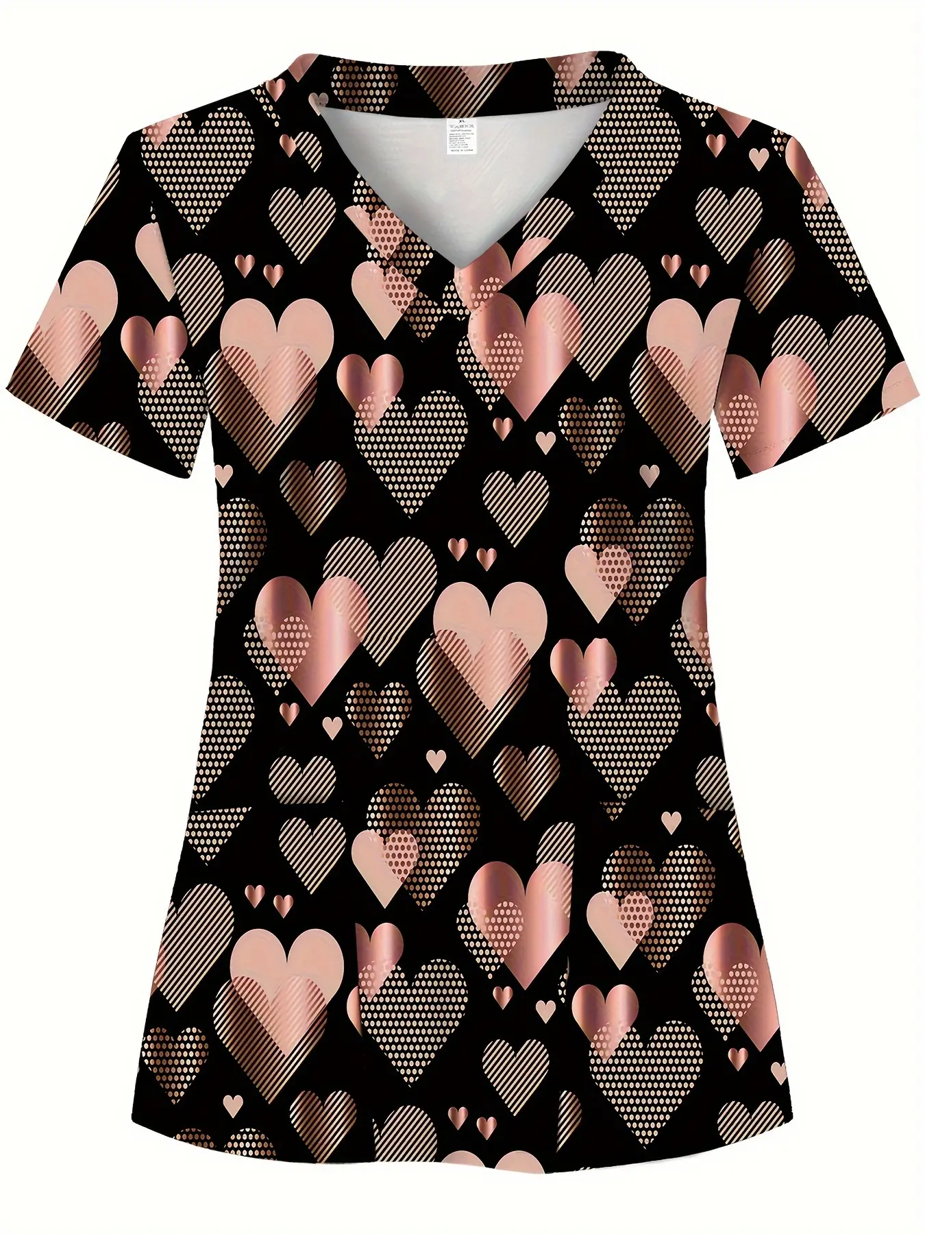 All-Over Print, Rose Golden Heart Pattern, Women'S Doctor Scrub Top, Double Pockets, Women'S Uniform Professional Top, Nurse Work Clothes, Women'S Nursing Care Uniform Top, Short-Sleeve Nurse Outfit, Women'S T-Shirt, Suitable for Professionals