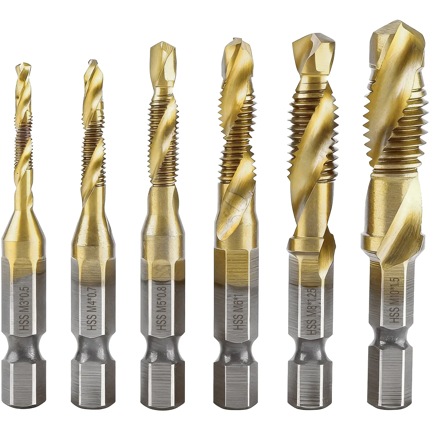 6PCS Drill Tap Set, M3 M4 M5 M6 M8 M10 Combination Drill and Tap Bits, Titanium Plated Hex Shank Metric Thread Tapping Set for Metal Drilling & Threading