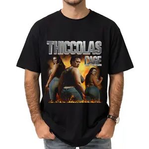 Thiccolas Cage Funny Meme Tshirt Unhinged Inappropriate Movie Lover Tee Absurd Crazy Cringe Shirt Exchange Gift Gag Joke Tshirt 100% Preshrunk Cotton Unisex Crewneck