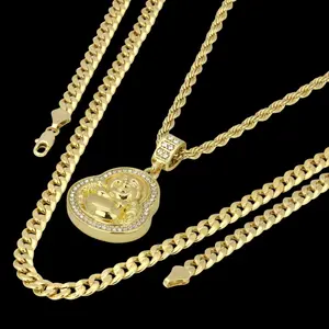 MaxBling81 Unisex Buddha Motif CZ Pendant Necklace Set, Includes Pendant, 24" Rope Chain & 7mm 30" 14K Stamped Brass Miami Cuban Hip Hop Chain, for Daily Wear Fashion Costume Jewelry, Chains Necklace, Gold Plated Necklaces