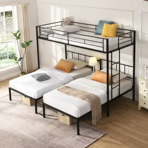 Triple Bunk Bed Frame, Twin Over Twin Over Twin Bunk Bed Frame with Storage Shelf & Ladder, 3 Bed L-Shaped Bunk Bed Frame, No Box Spring Needed, Black