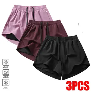 Three-piece set of women’s double-layer faux two-piece athletic shorts—fitness/running style. The double-layer faux two-piece design creates layered visual effect. Elastic drawstring waistband for free adjustment and a snug fit. Curved, irregular hem enha