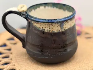 Hand made coffee mug Stoneware Clay, Thumb Rest. Speckled cream brown blue