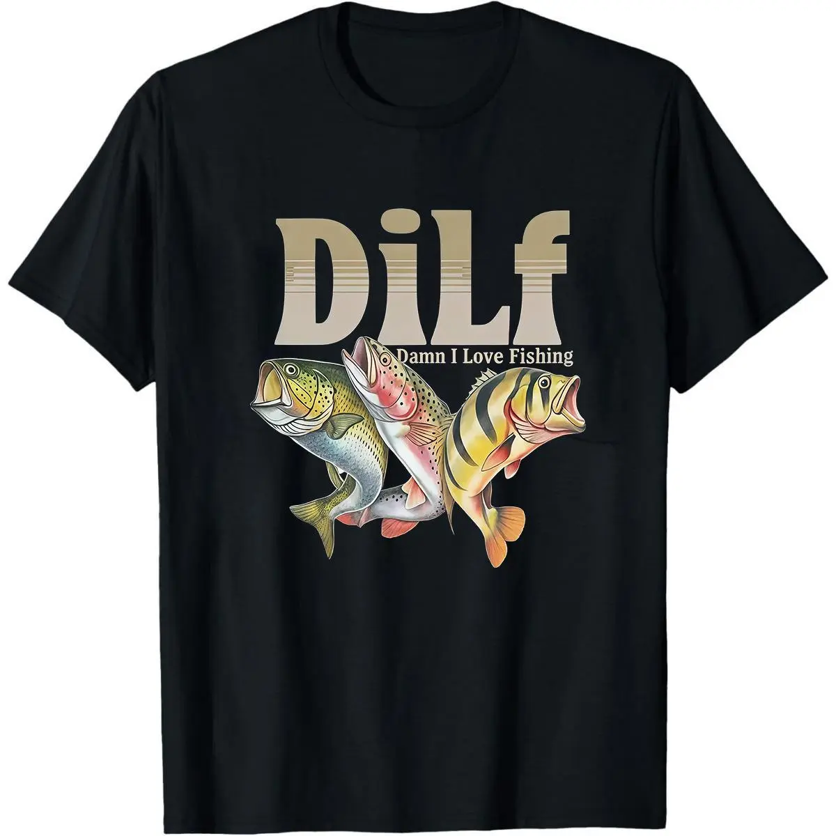 Vintage DILF I Love Fishing T-Shirt, Funny Graphic Cotton Crew Neck Tee for Men & Women, Offensive Meme Gift for Fish Lovers, Sizes up to 3XL, S, 2Xl, Digital Print, Loose-Fitting, Shortsleeve, Casual, Tops, Round Neck, Cold Wash