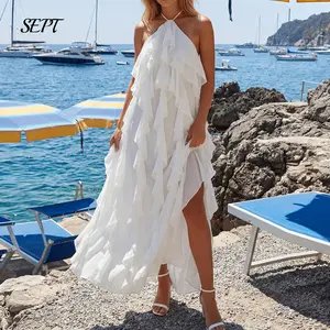 Women's Halter Long Dress Summer Fashionable Solid Color Backless Sleeveless Ruffle Dress For Vacation