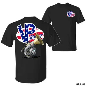 VP Racing USA Flag Logo Turbo Horn Graphic T-Shirt, Classic Fit Crewneck, Funny Boosted Racing Streetwear Style, For Turbo Fans, Car Guys & Track Day Drivers