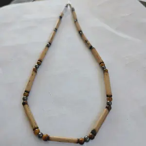 Handmade Bamboo Necklace with Tigers Eye & Hematite Beads 17 Inch Choker No Plastic Wearable in Shower & Swimming