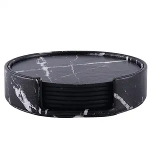 Coasters for Drinks 6-Piece with Holder,Black Round Cup Mat Pad Set Of Home and Kitchen Use