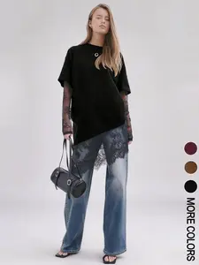 Women's Lace Patchwork 2-In-1 Top, Womenswear, Perfect for Spring/summer or Holidays, Simple T-Shirt Mix Match, Long Sleeve Loose-Fitting