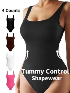 Women's Solid Color Ribbed Shapewear Bodysuit, Casual Style Comfortable Tummy Control Compression Sleeveless Shaper, Ladies Shapewear for All Seasons, Womenswear