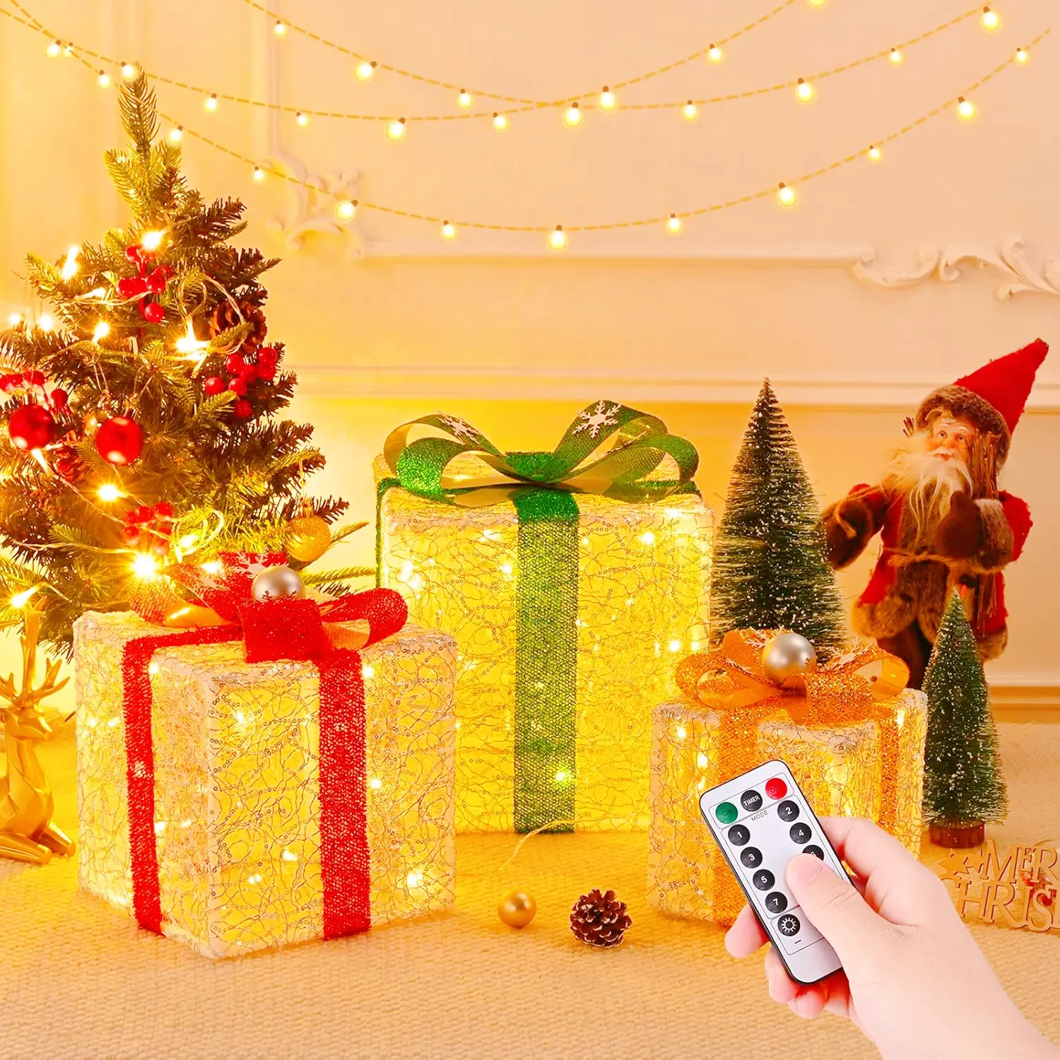 3 Pack Christmas Lighted Gift Boxes with Remote, Pre-lit Lights Gold Linen Cloth Gift Boxes, Light up Present Boxes Set Battery Operated with Different Sizes for Christmas Holiday Indoor Outdoor Decorations (Silver Thread) - Valentine's Day Gift For Lover