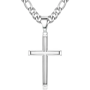 THUNARAZ 2 Pcs Cool 925 Sterling Silver Cross Pendant Necklaces for Men Women Durable Stainless Steel Figaro Link Cuban Chain Crucifix Jewelry Length Chains for Street Parties Birthday Christmas Gifts