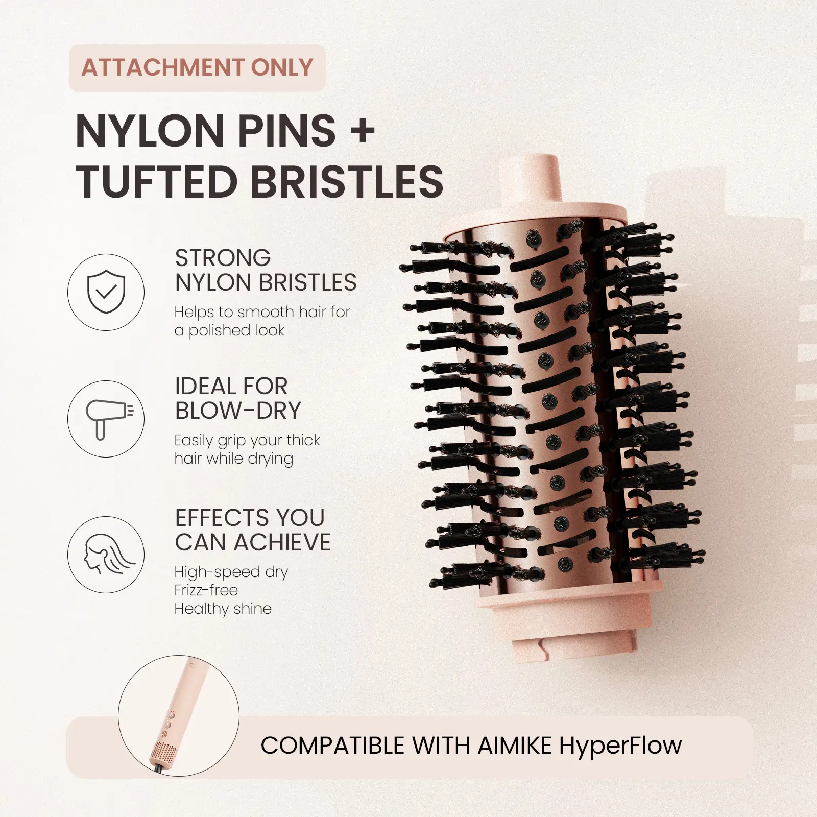 AIMIKE HyperFlow Blow Dryer Brush Replacement Attachment, 2.1'' Barrel Original Round Barrel with Nylon Pins and Tufted Bristles for Blow-Drying, Volumizing & Styling (Brush Head Only)