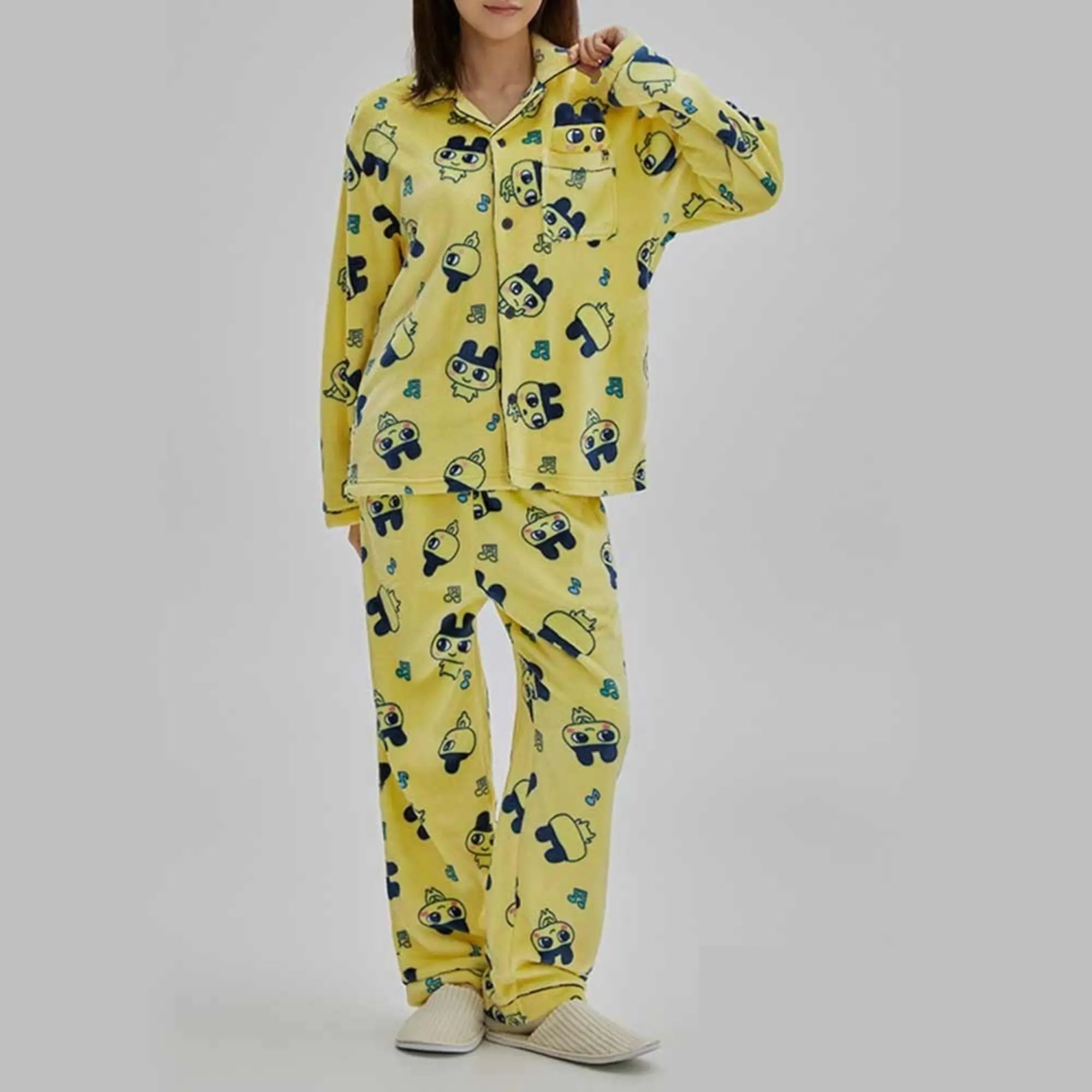 Cute Yellow Cartoon Pajama Set, Unisex Short Sleeve Sleepwear, Soft Two Piece Loungewear, Lightweight Breathable Homewear, Comfortable Summer Pajama Set, Cozy Gift for Adults