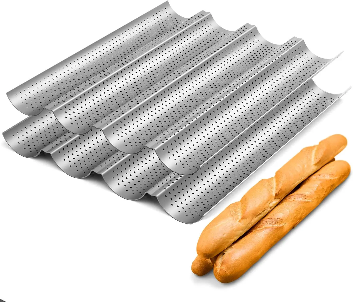 2pc French Italian Bread Baking Pan Non-Stick Baguette Bread Oven Utensils, Perforated Design for 2/ 3/ 4 Loaves