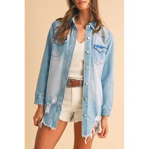 Beau Blue Light Wash Distressed Frayed Long Denim Shacket