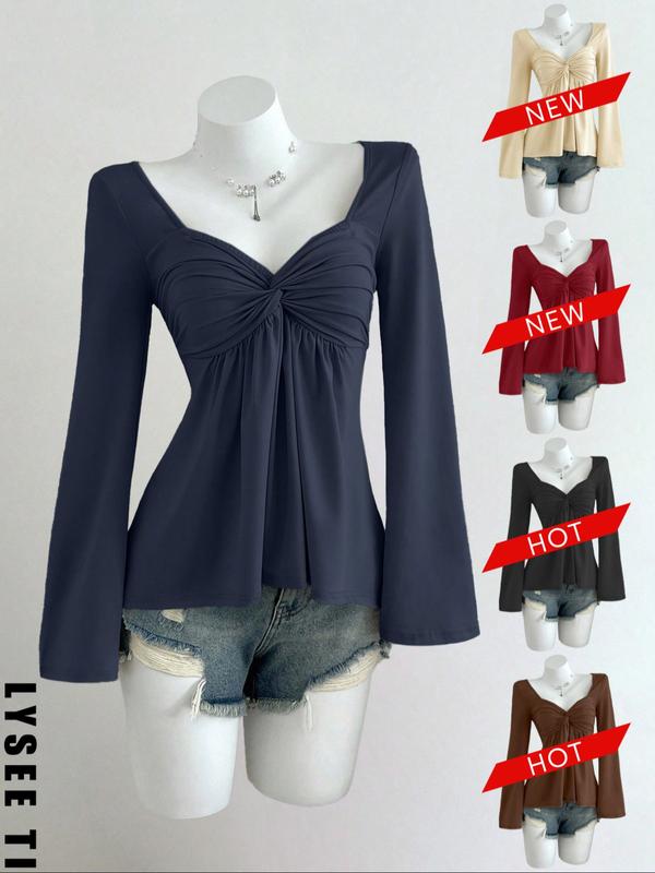 26 Valentine's Day Autumn/Winter Shot Pure Desire Style Casual Fashion Apricot Square Neck Chest Wrinkled Doll Shirt Long Sleeve Women's T-shirt