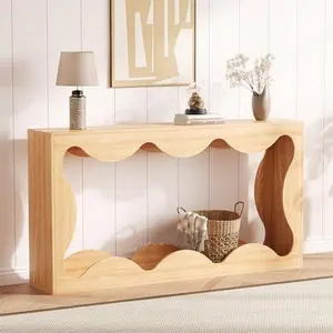 63 Inch Farmhouse Scalloped Console Table for Entryway, Narrow Wood Sofa Table Behind Couch with Storage, Rustic Hallway Furniture for Living Rooms Apartments