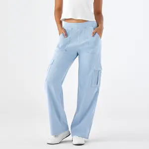 Women’s Stretch Knit Denim Jeans – Elastic Waist Wide Leg Pull-On Cargo Pants, Soft Straight Leg Casual Lounge Denim with Pockets Athleisure