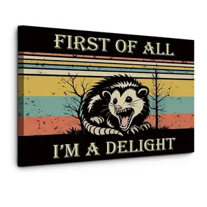 JINYO First of All I'm a Delight Possum Canvas Wall Art Inner Frame Painting Vintage Sarcastic Angry Opossum Poster Prints for Home Bedroom Living Room Office Wall Decor