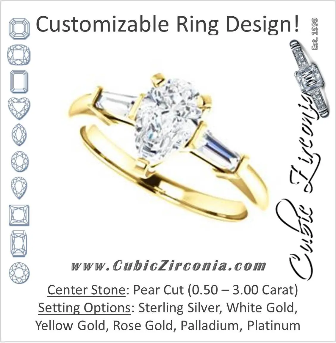 Cubic Zirconia Engagement Ring- The Monica (Customizable Pear Cut Center with Dual Tapered Baguettes)