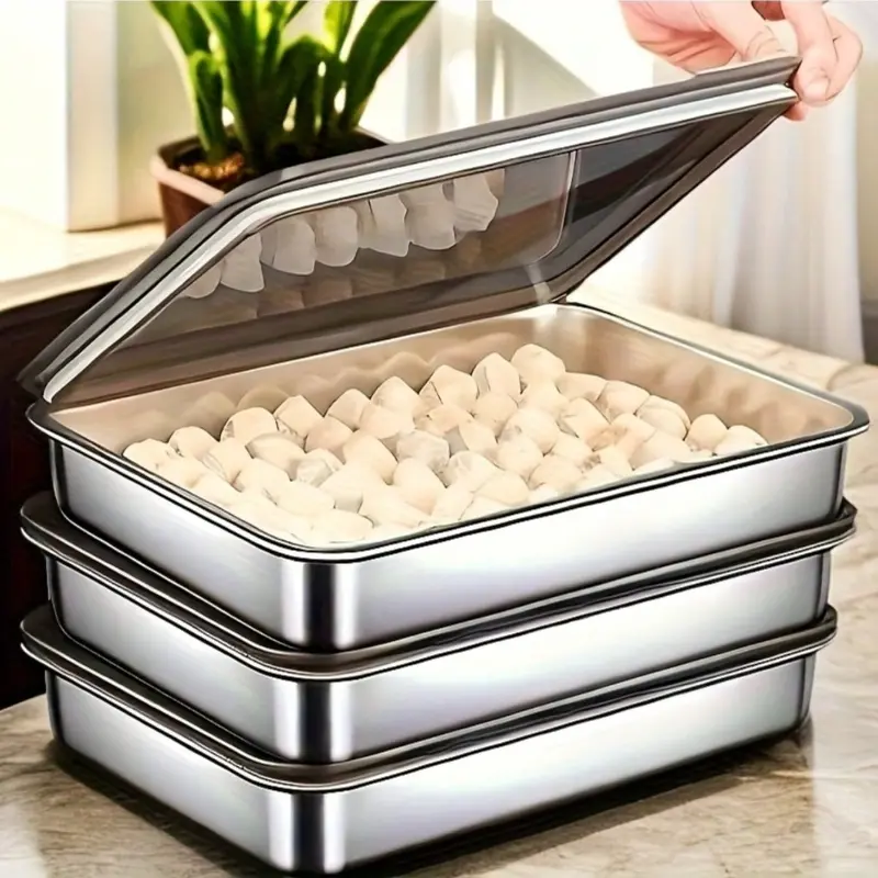 3pcs large stainless steel baking pan with lid, rectangular, easy to clean, non-stick, perfect for grilling vegetables, meats, etc., perfect for home and restaurant use, Stackable Storage Containers, Food Storage