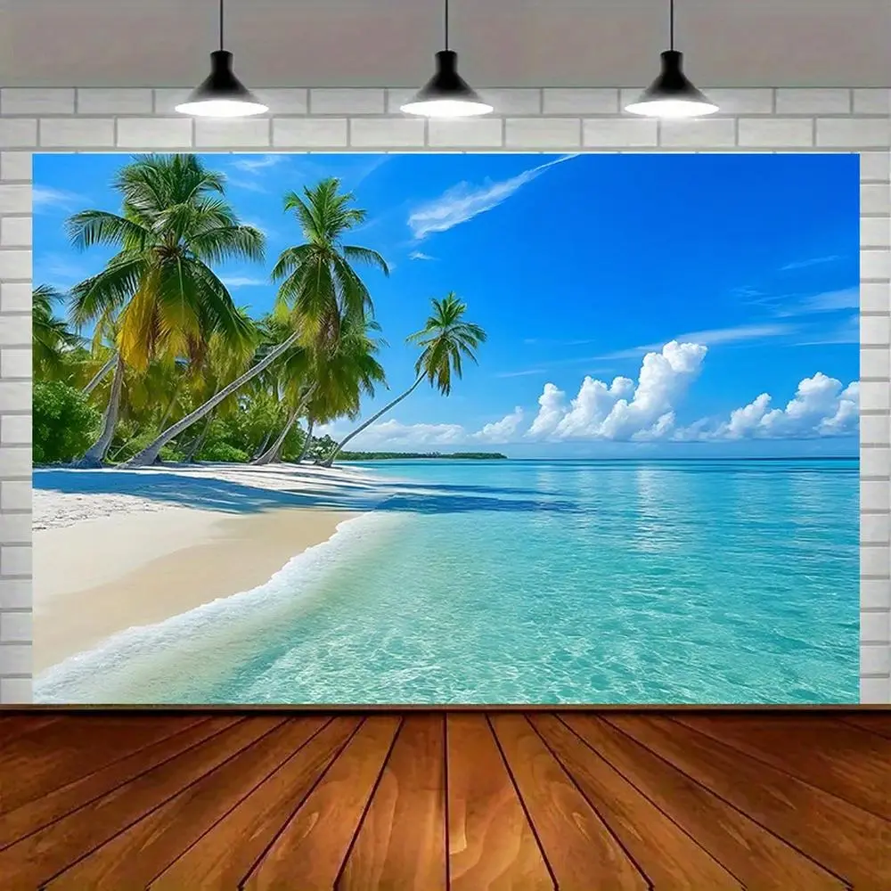 1pc Durable Polyester Hawaiian Soft Texture Flat Banner - 2D Tropical Beach Backdrop with Palm Tree Artificial, Turquoise Ocean, White Landscape Ornament for Summer Events, Photo Props