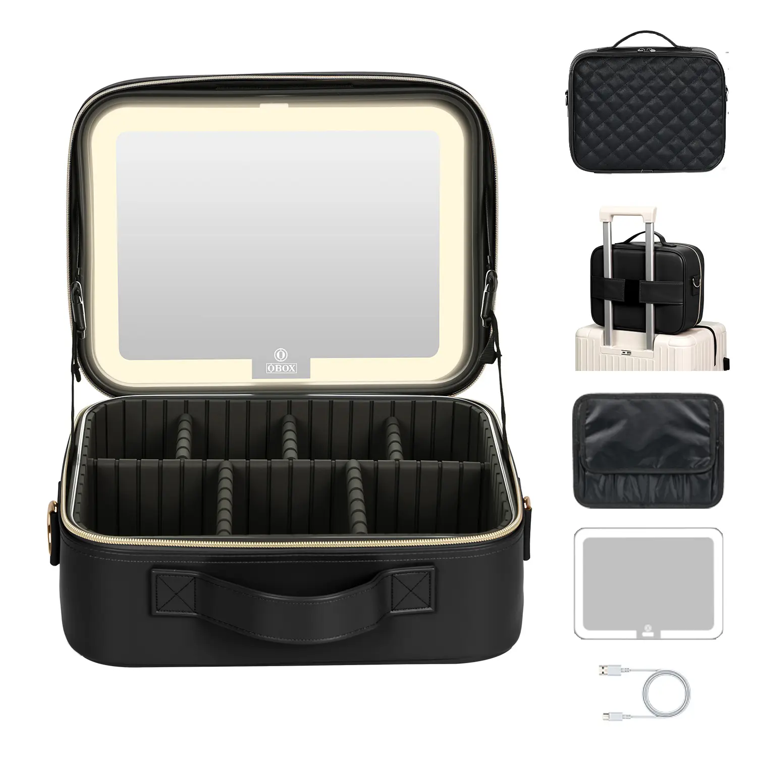 Travel Makeup Bag with LED Mirror Makeup Case, Lighted Mirror Cosmetic Organizer, Adjustable Dividers, and Makeup Box Organizer for Women Quilted Compact Zipper Durable