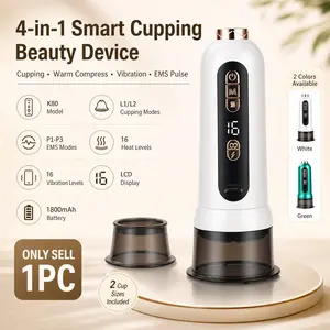 K80 Smart Cupping Beauty Device, 4-in-1 EMS Pulse Warm Compress Vibration Massager for Face & Body Care, Detachable 2 Cup Sizes, LCD Display, 16 Levels, Type-C Rechargeable, White/Green