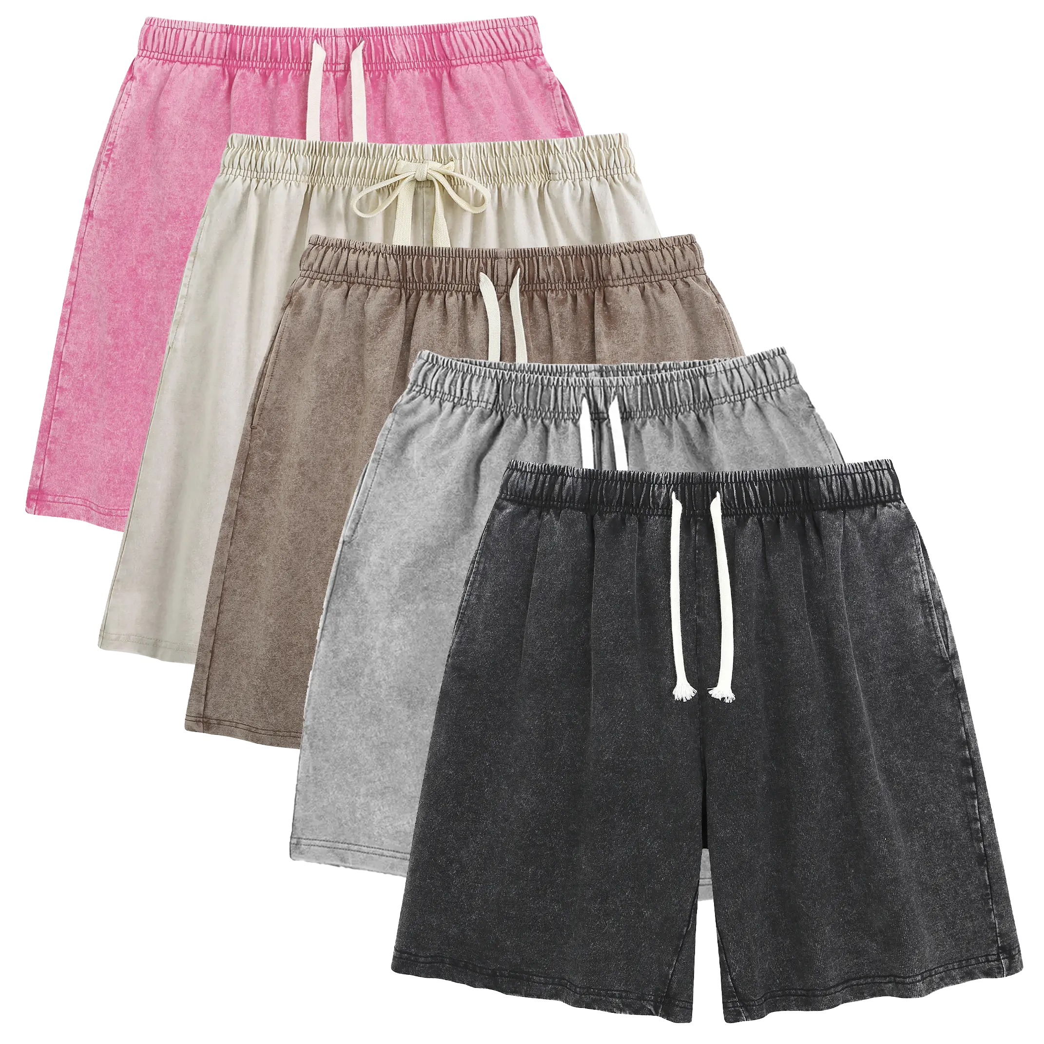 Men’s 3-Pack Heavyweight Cotton Acid Wash Faded Distressed Neutral-Colored Medium-Length Elastic Shorts - Relaxed Cut, Elastic Waist, Drawstring, Deep Pockets, for Gym, Streetwear, Faded Men's Shorts, Medium-Length Men's Shorts