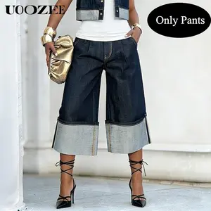 UOOZEE Women's Chic Cuffed Hem Wide Leg Pockets Denim Culottes, High Waist Pleated Cropped Jeans, Non-Fading 85% Cotton Blend Denim Pants, Streetwear Casual Outfit, Curvy Waist Friendly, Size Up for Full Hips