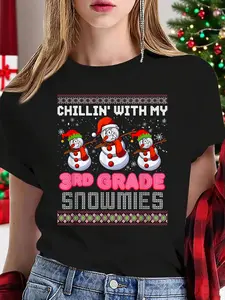 100% Cotton Women T-shirt Women Christmas T-shirt Third Grade Teacher Christmas Chillin' With My Snowmies T-Shirt Print Round Neck Short Sleeve T-Shirt For Women Casual, Summer, Women Top