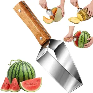 Stainless Steel Watermelon Cutter, Triangle Fruit Slicer with Wooden Handle, Melon Divider Tool for Watermelon, Cantaloupe and Honeydew, Kitchen Gadget for Picnic and BBQ (1PC)