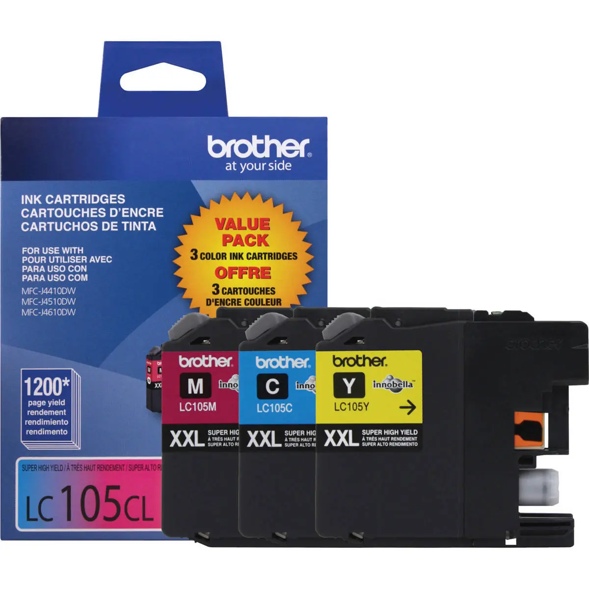 Brother LC105 Innobella Super High-Yield XXL 3-Color Print Ink Cartridges Set, 1200 Pages Yield per Cartridge, Cyan, Magenta, Yellow, Xxl Yield