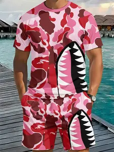 Men's 3D Digital Printed Two-Piece Set with Pink Camouflage Shark Mouth Design, 2Pcs, Trendy and Fashionable Set, Trendy Retro Casual Two-Piece Set, Vacation Style Trendy Outfit, Breathable Sporty Casual Style, a Perfect Holiday Gift for Men