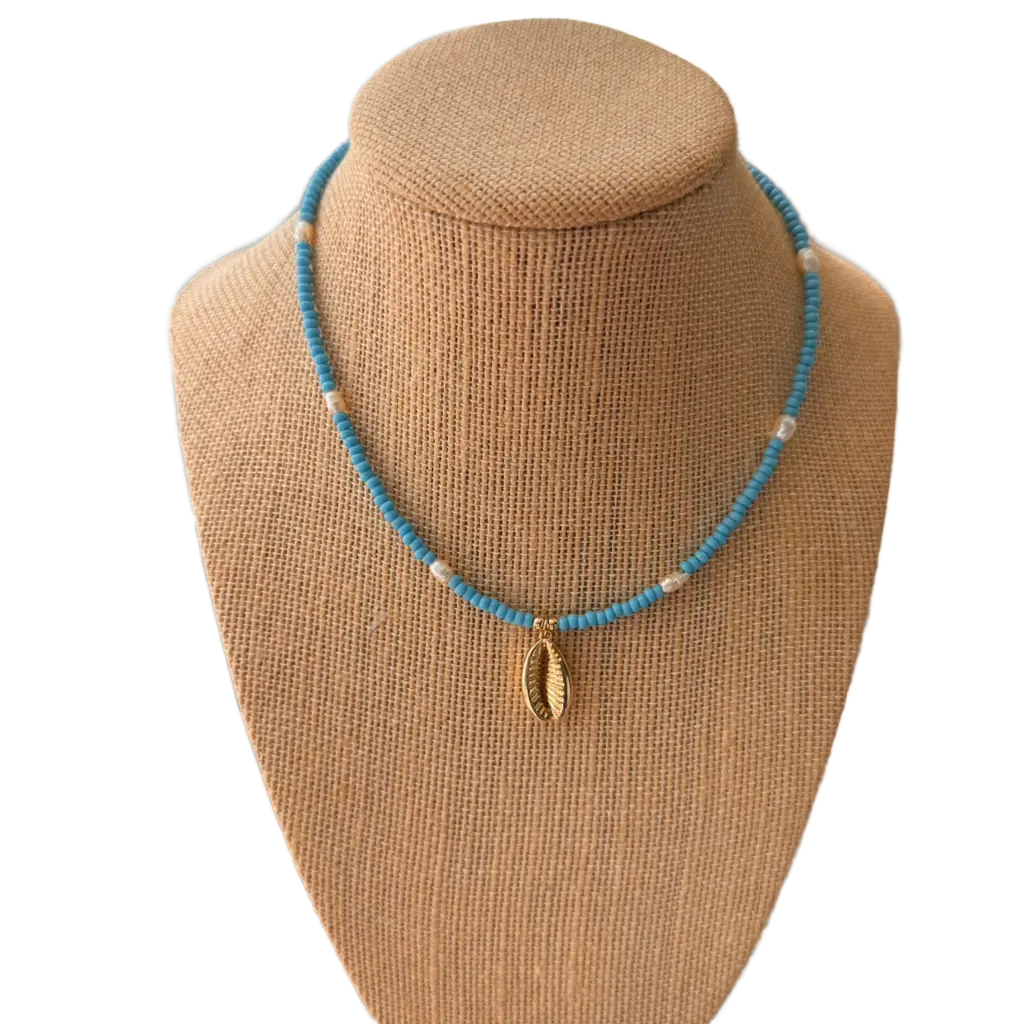 Stacked By Suzie Summer Siren Necklace Handmade Beaded with Gold Cowrie Shell Pendant in Coral Aquamarine & Bright Blue Beach Girl Jewelry