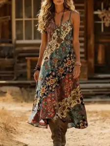 Monet Garden Western Blue Floral Strap Casual Dress, Summer Essential, Perfect for Outdoor & Vacation, Must-Have Fashion Piece