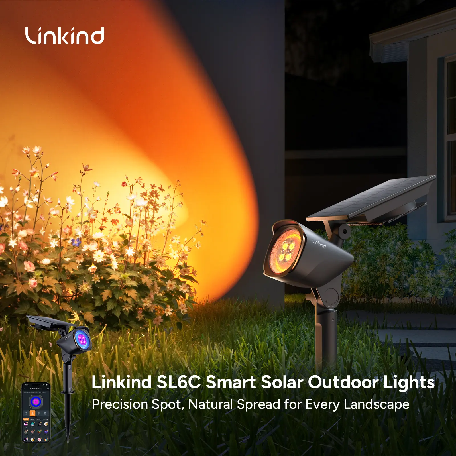 Linkind Smart Solar Lights Outdoor Waterproof SL6C, Dual-Ring Solar & USB Charging Solar Spotlights Outdoor Waterproof IP66, Color Changing Spot Light for Yard, Tree, Landscape, House