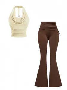 Summer Sexy Backless Metal Chain Buckle Halter Top, Slim Fit Casual Pure Color Foldover Drawstring Waist Comfort Leg Shaping Bell Pants Set