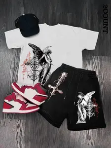 Men's Gothic Streetwear Set, Loose Fit T-Shirt with Dark Angel Print + Drawstring Shorts, Summer Festival Casual