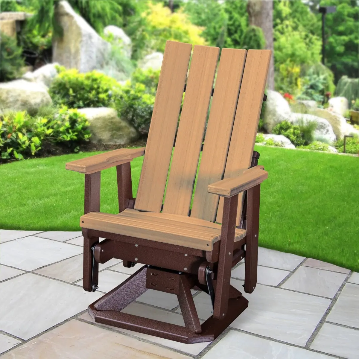 212 MAIN Brandon Single-Seat Swivel Glider Patio Outdoor Chair (410CTB Model) - Cedar Finish on Brown Base, Amish American Crafted Recycled Plastic Outdoor Conversation Furniture, Patio Outdoor Chairs