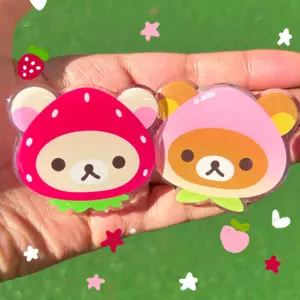 Cute Bear Phone Grip  Strawberry, Peach Phone Grip  Kawaii Phone Grip, Accessory, Holder, Charm, Kindle Stand