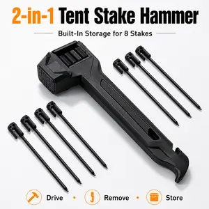 2-in-1 Tent Stake Hammer with Storage for 8 Stakes, Camping Mallet with Stake Puller for Tent Setup, Outdoor Hiking & Campsite Use