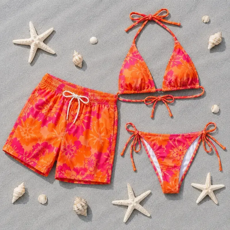 Couples Matching Blue Ocean Swimsuit Set, Women's String Bikini and Men's Beach Shorts for Honeymoon, Cruise & Tropical Vacation