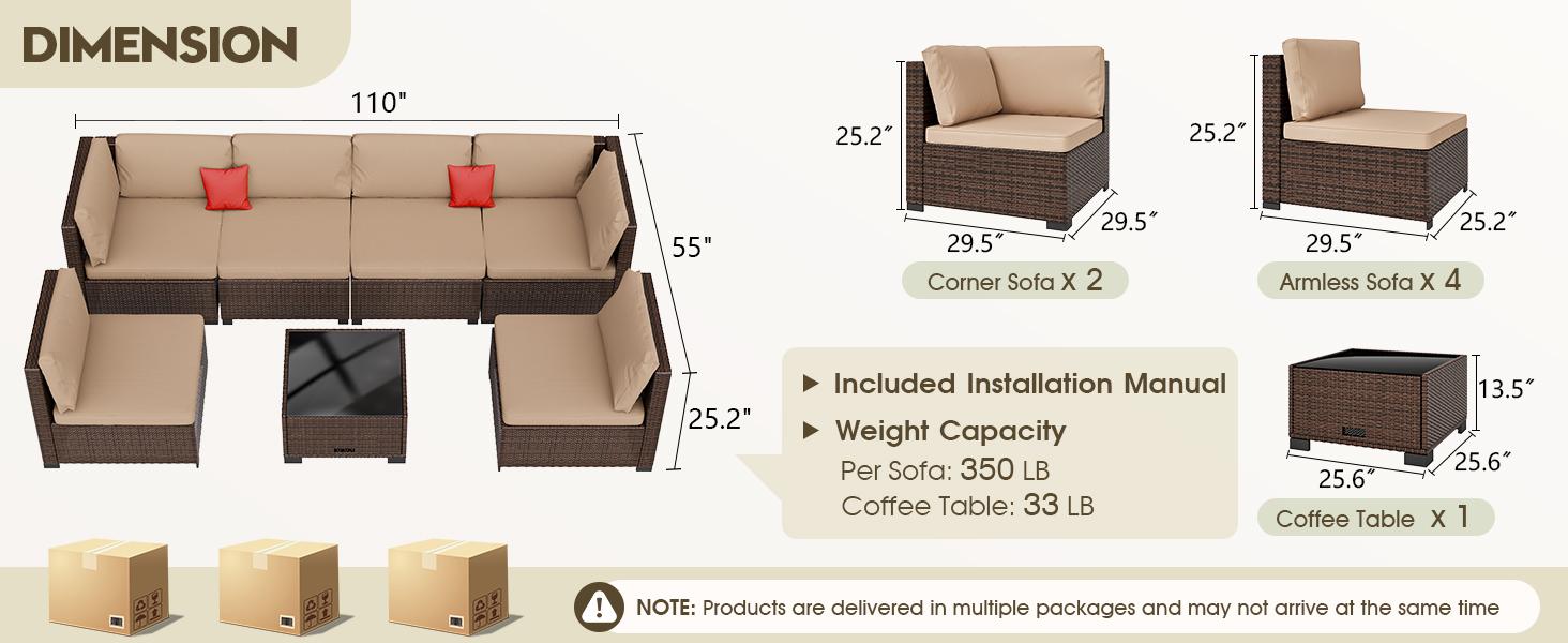 7 Pieces Sofa Modular Patio Wicker Sofa Set - Easy-to-Assemble All-Weather Couch with Comfortable Cushions & Glass Coffee Table, Ideal for Outdoor Relaxation & Entertaining Summervibes