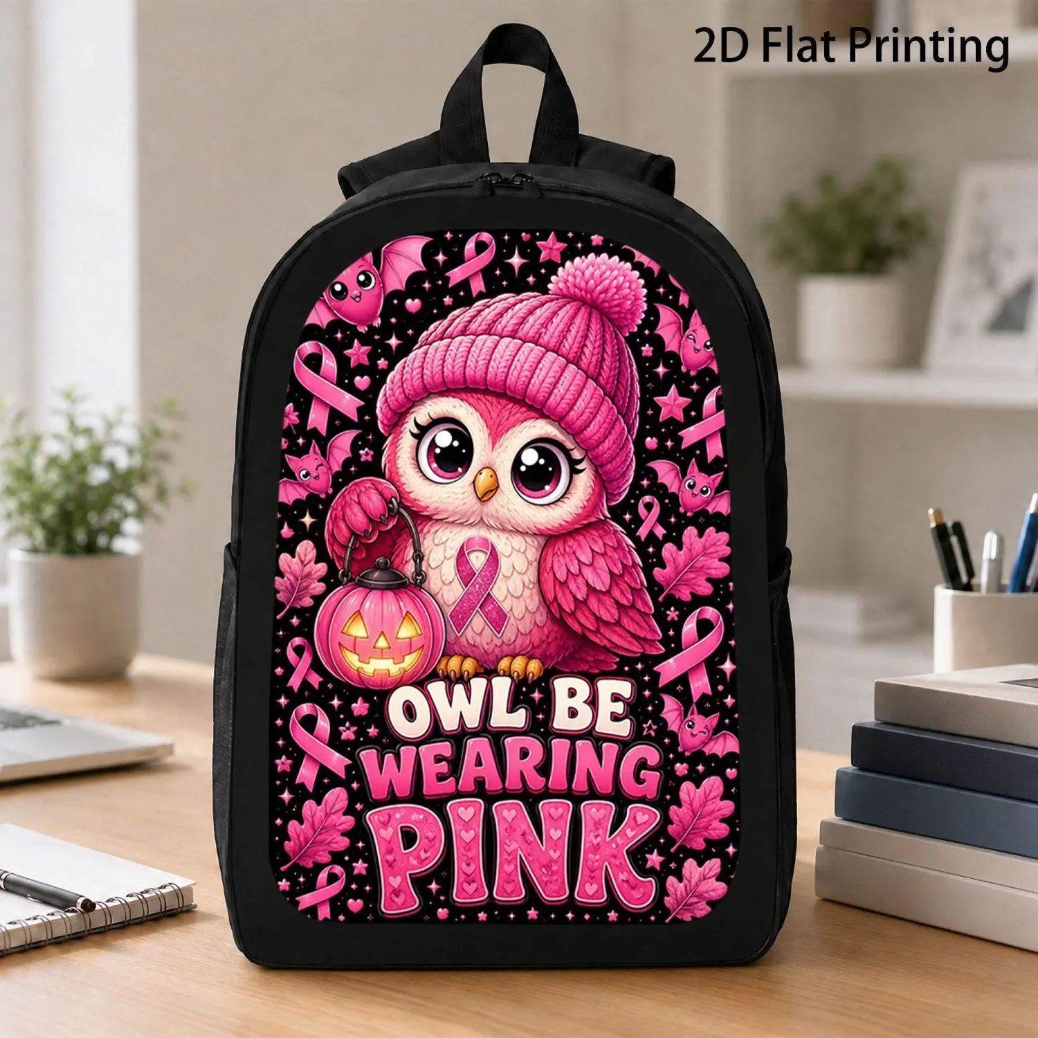 [17 Inch Backpack] 1pc Owl Be Wearing Pink Cute Owl Pink Ribbon Pumpkin Halloween Print Backpack Hot Breast Cancer Awareness Casual Laptop Backpack For Daily Trip