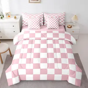 Checkered 7 Piece Bedding Set Teen Women Men Pink Plaid Comforter Set with Sheets Kids Boys Cute Retro Neutral Checkerboard Geometric Bed in a Bag Vintage Aesthetic Room Decor