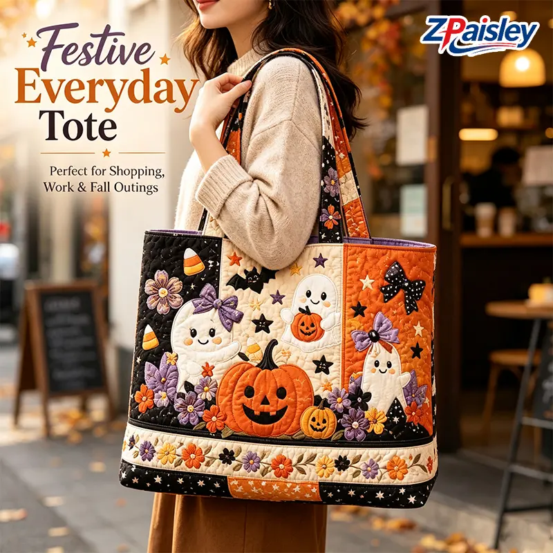 Cute Ghost Pumpkin Quilted Halloween Tote Bag, Large Capacity Fall Festive Shoulder Handbag, Polyester Lightweight Reusable Daily Tote, Spacious Halloween Theme Bag for Shopping, Work, Party & Autumn Outings, Ideal Halloween Gift for Women (Bag Only)